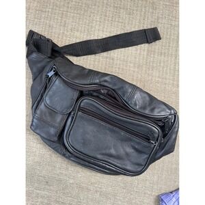 Leather Fanny Pack Travel Waist Bag Multi Pocket Belt Bag Black Streetwear